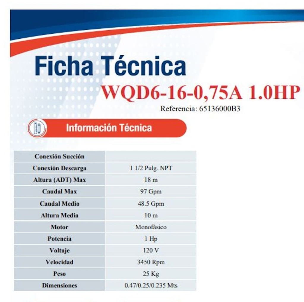 Motobomba Sumergible 1hp 110V 1F 1.5X1.5" Ihm Wqd6-16-0,75A