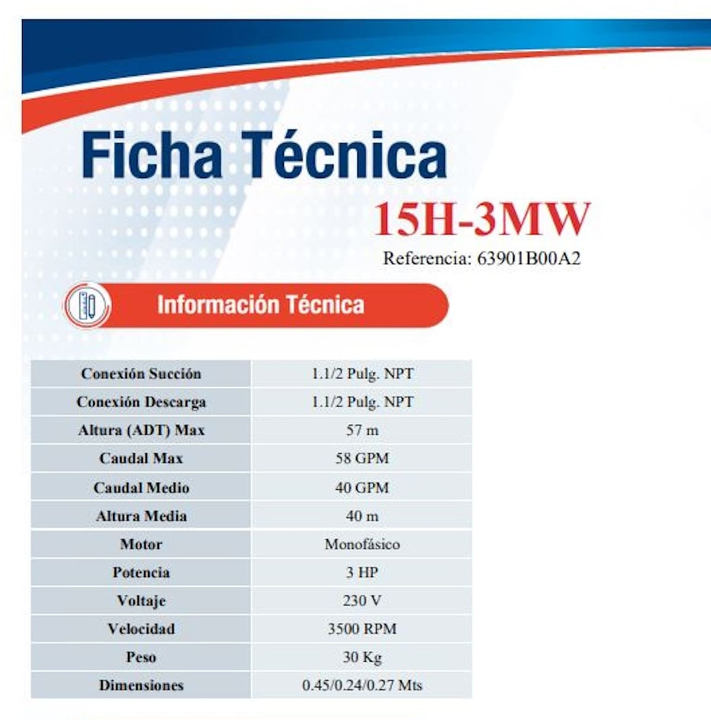 Motobomba Centrifuga 3Hp 220V 1F 1.5x1.5" Ihm Hy-Flo 15H-3Mw Rss