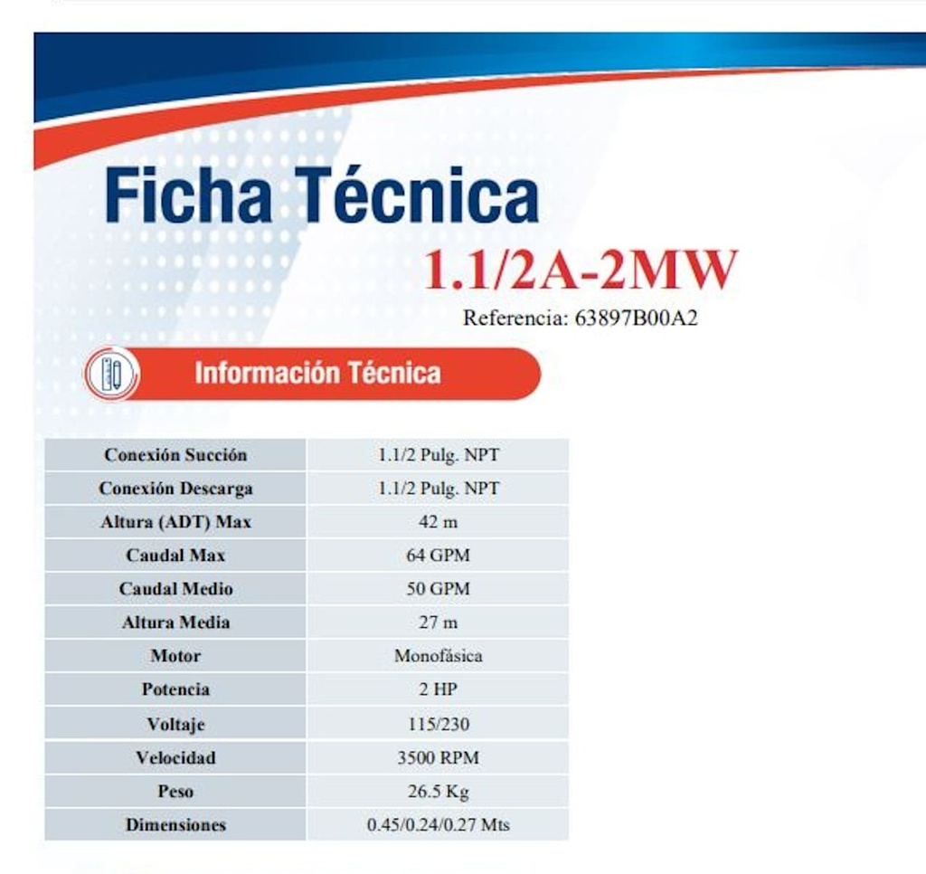 Motobomba Centrifuga 2Hp 110-220V 1F 1.5X1.5" Ihm Caracol Super 1 1/2A-2Mw Rss