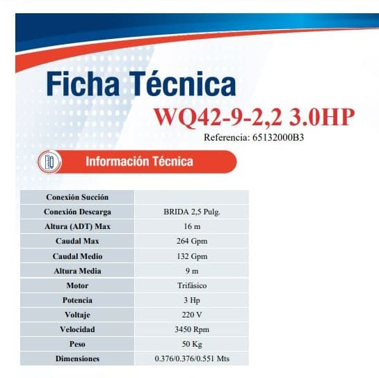 Motobomba Sumergible 3Hp 220V 3F 2.5X2.5" Ihm Wq42-9-2,2