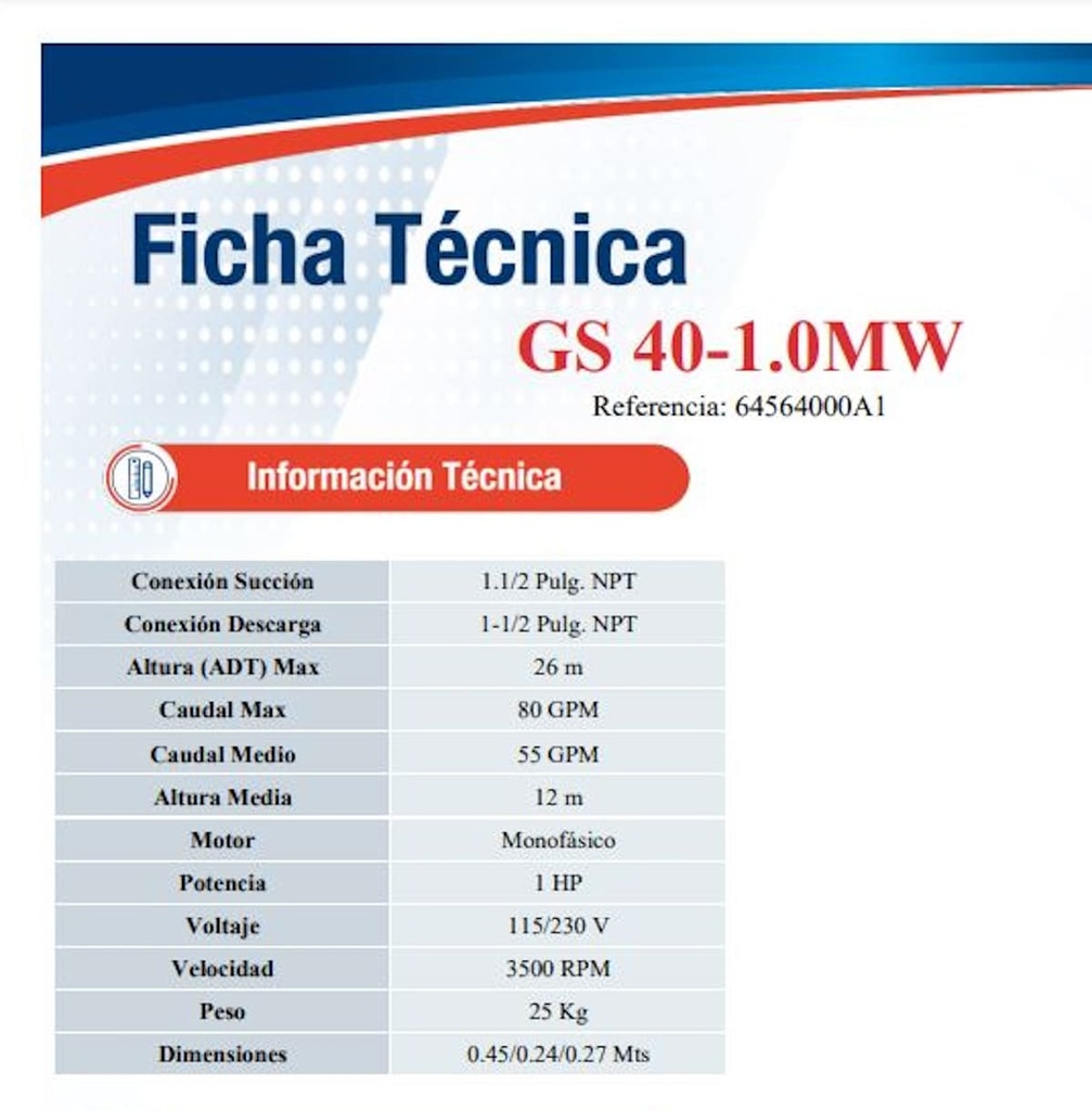 Motobomba Autocebante 1Hp 110-220V 1F 1.5x1.5" Ihm GS 40-1.0Mw