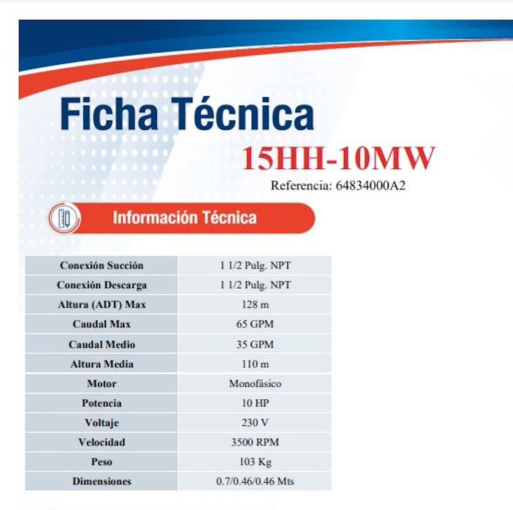 Motobomba Centrifuga 10Hp 230V-1F 1.5x1.5" Ihm Hy-Flo 15Hh-10Mw