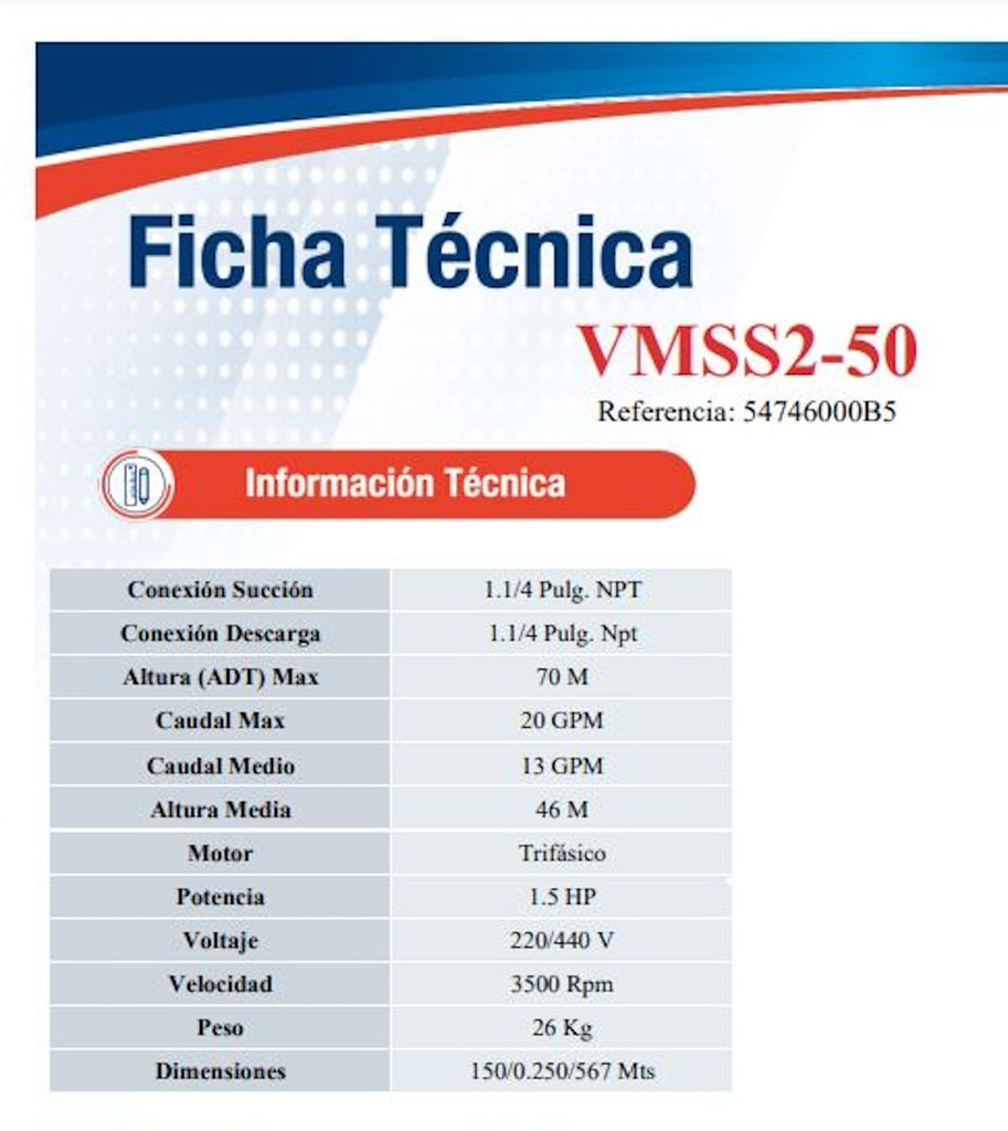 Motobomba Multietapas V 1.5Hp 220-440V 3F 1.25X1.25" Ihm Ture Vmss2-50