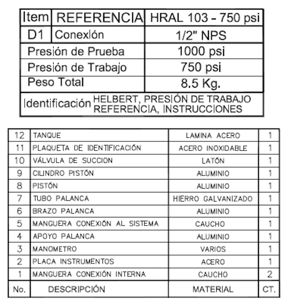 Bomba Manual 750Psi de Pruebas Hidrostáticas Helbert Hral103