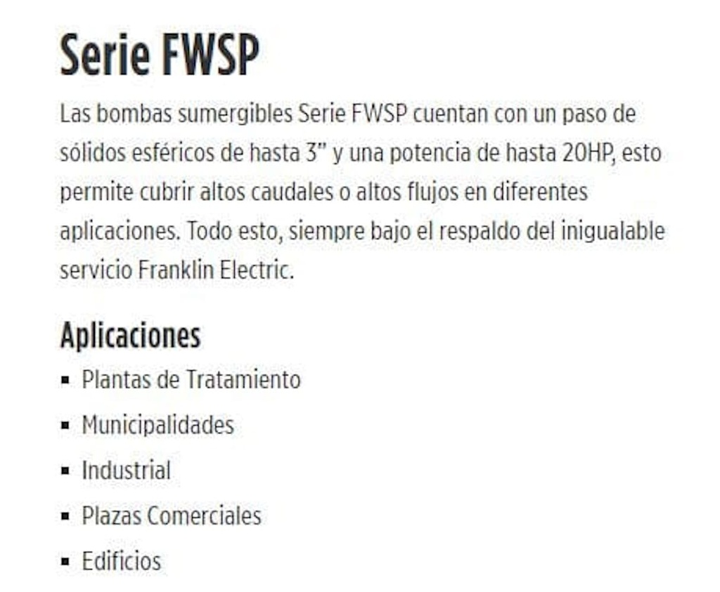 Motobomba Sumergible 10Hp 230V 3F 6" Franklin 10Fwsp2303-0603-60