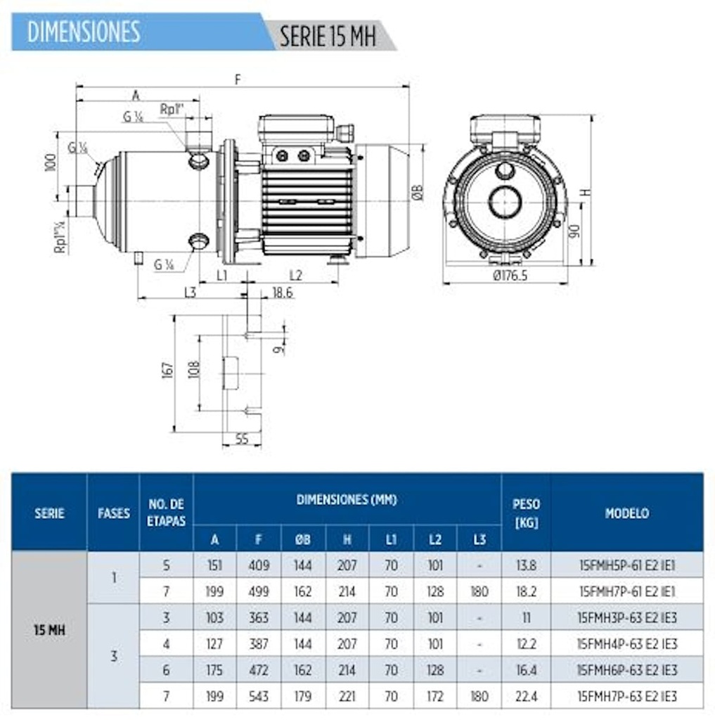Motobomba Multietapas H 1.5Hp 220-440V 3F 1.25X1” Franklin 15Fmh4p-63 E2 IE3