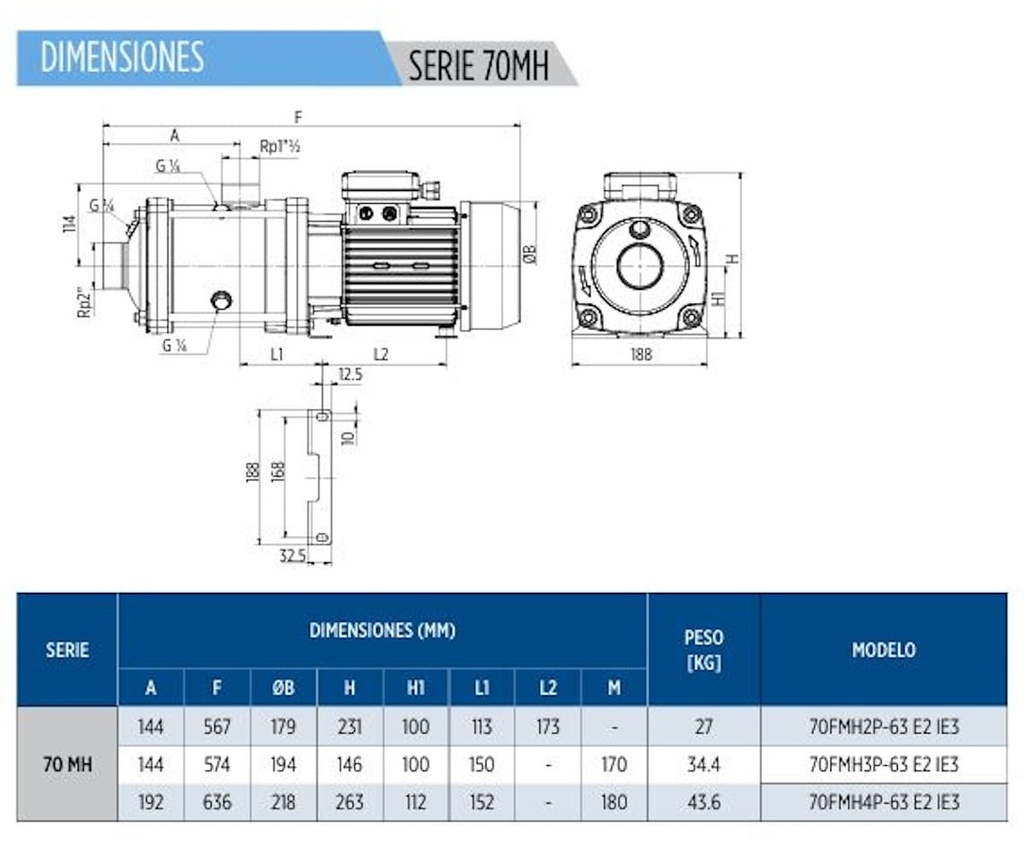 Motobomba Multietapas H 5.5Hp 220-440V 3F 2X1.5” Franklin 70Fmh3p-63 E2 IE3