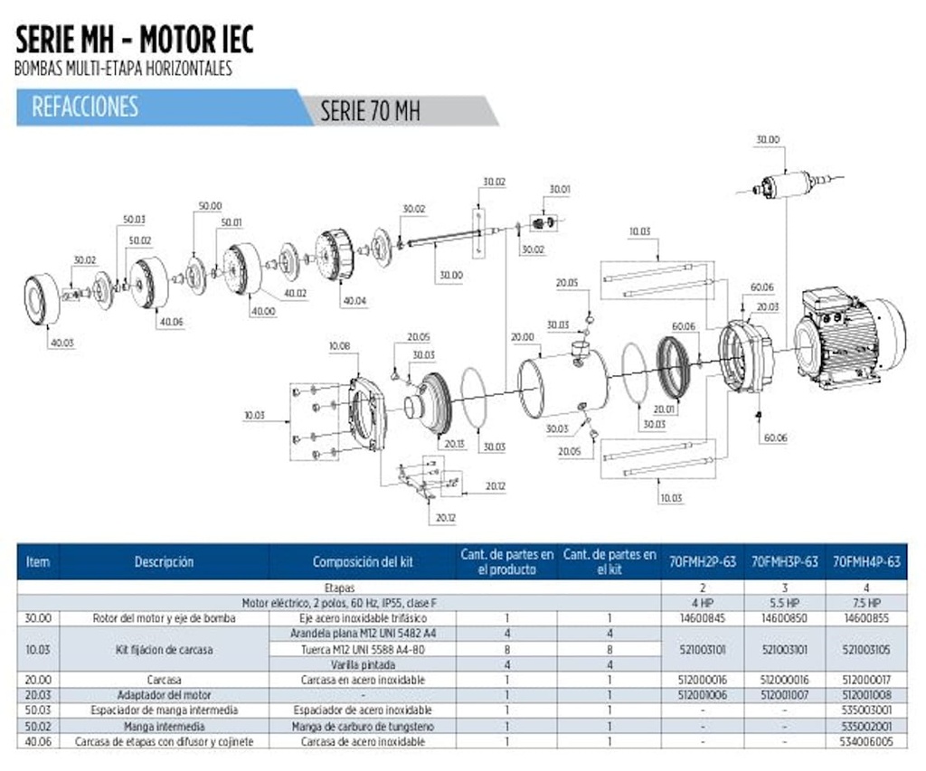 Motobomba Multietapas H 5.5Hp 220-440V 3F 2X1.5” Franklin 70Fmh3p-63 E2 IE3