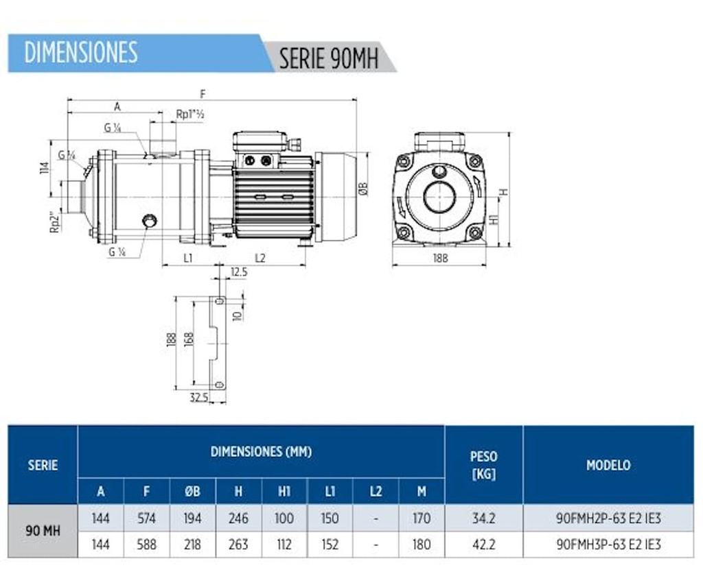 Motobomba Multietapas H 5.5Hp 220-440V 3F 2X1.5” Franklin 90Fmh2p-63 E2 IE3