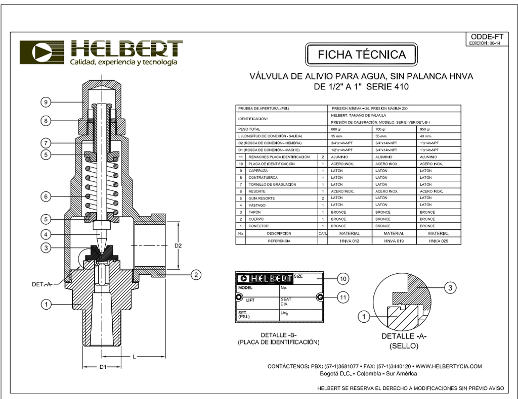 Valvula de Alivio 1" para Agua Helbert Hnva025