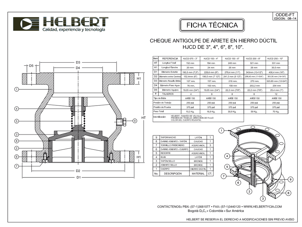 Valvula Cheque Antigolpe de Ariete 6" Hierro Ductil Helbert HJCD150