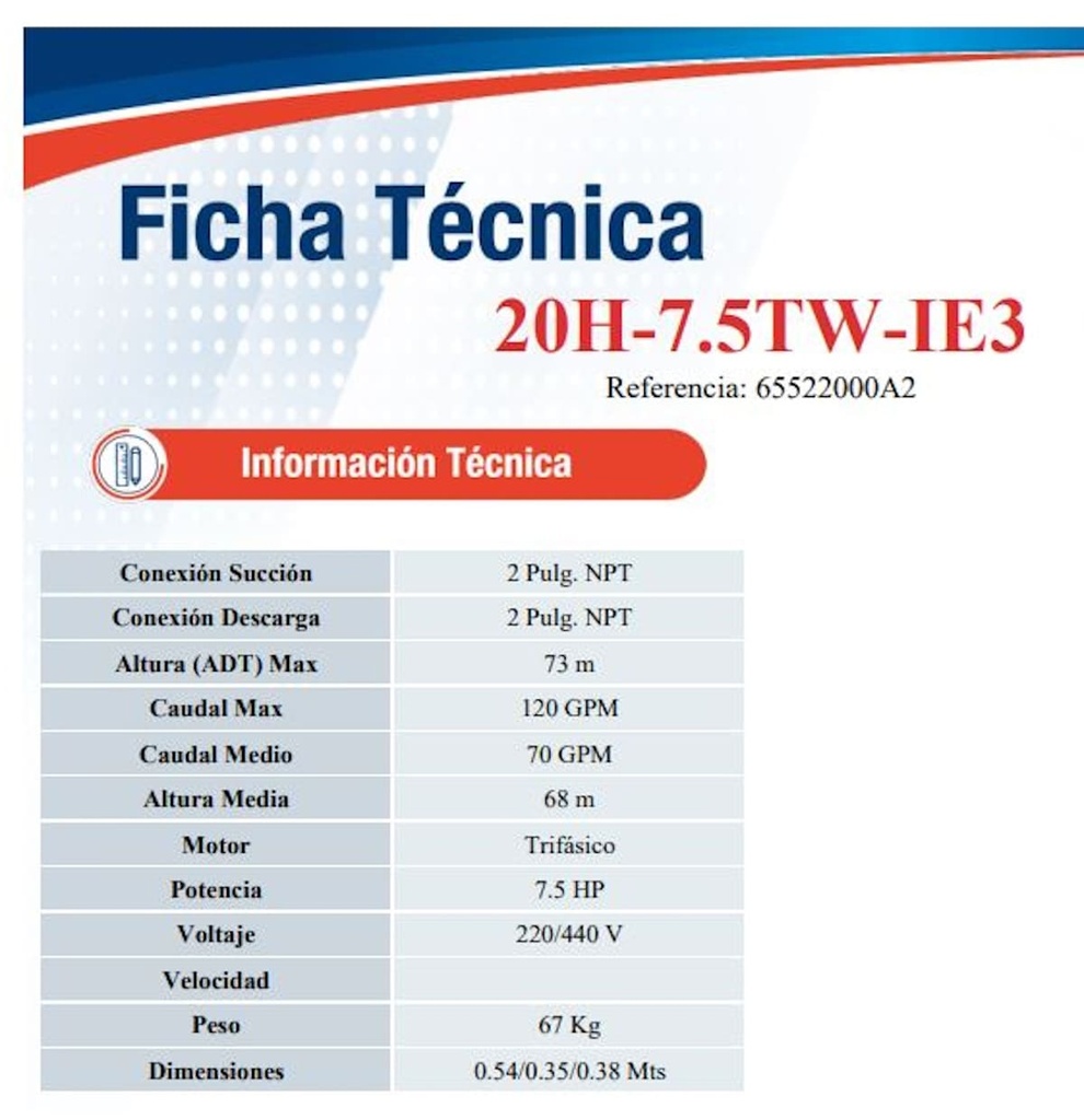 Motobomba Centrifuga 7.5Hp 220-440V 3F 2X2" Ihm Hy-Flo 20H-7.5Tw-IE3
