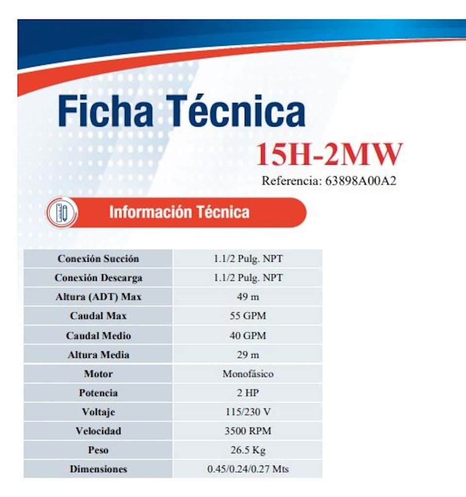 Motobomba Centrifuga 2Hp 220V 1F 1.5x1.5" Ihm Hy-Flo 15H-2Mw Rss   