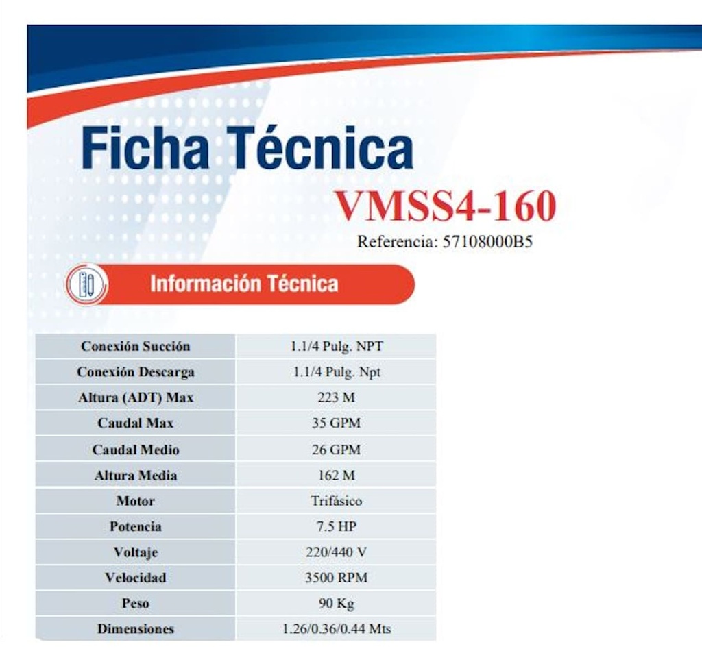 Motobomba Multietapas V 7.5Hp 220-440V 3F 1.25X1.25" Ihm Ture Vmss4-160