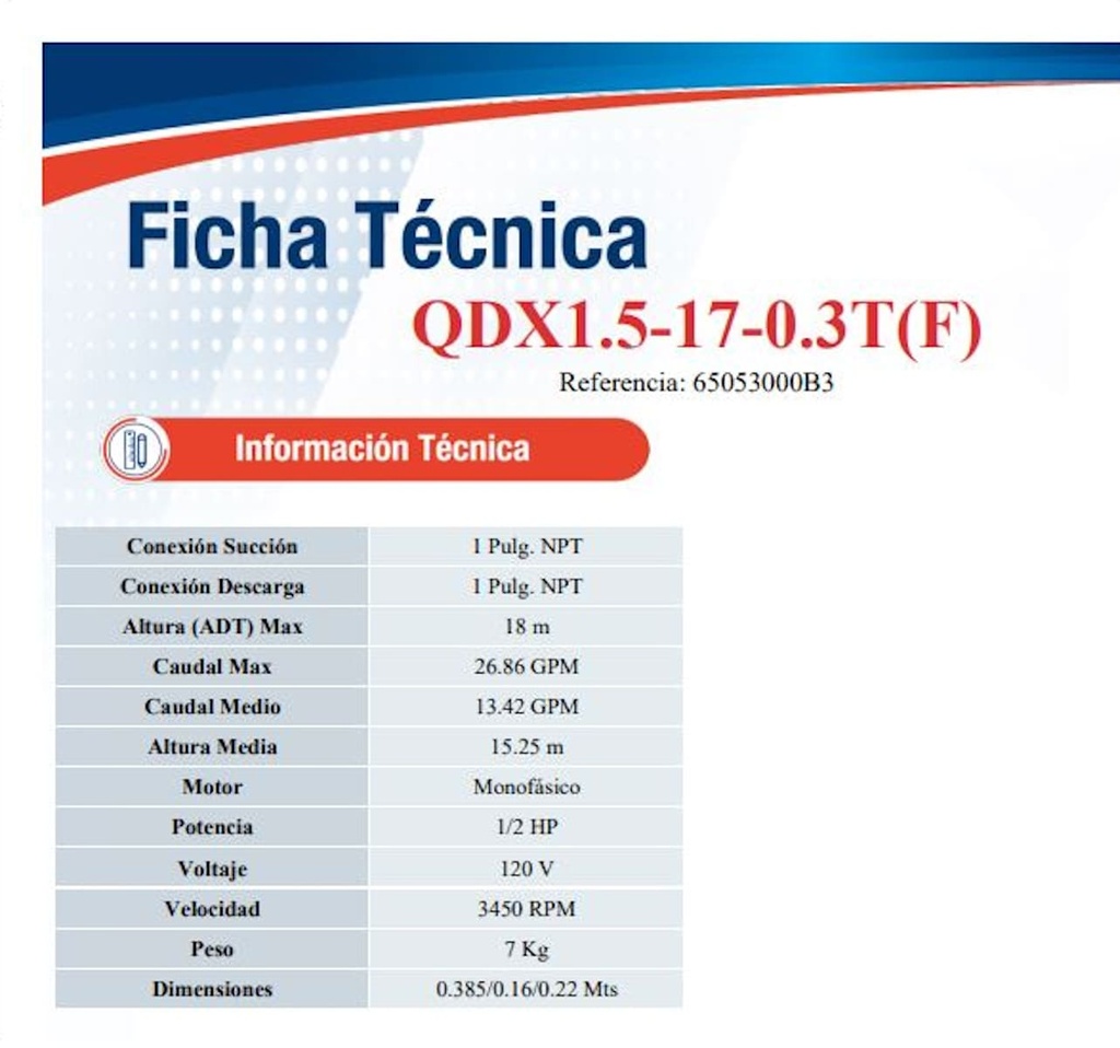 Motobomba Sumergible 0.5Hp 110V 1F 1X1" Ihm Qdx1.5-17-0.3T(F)