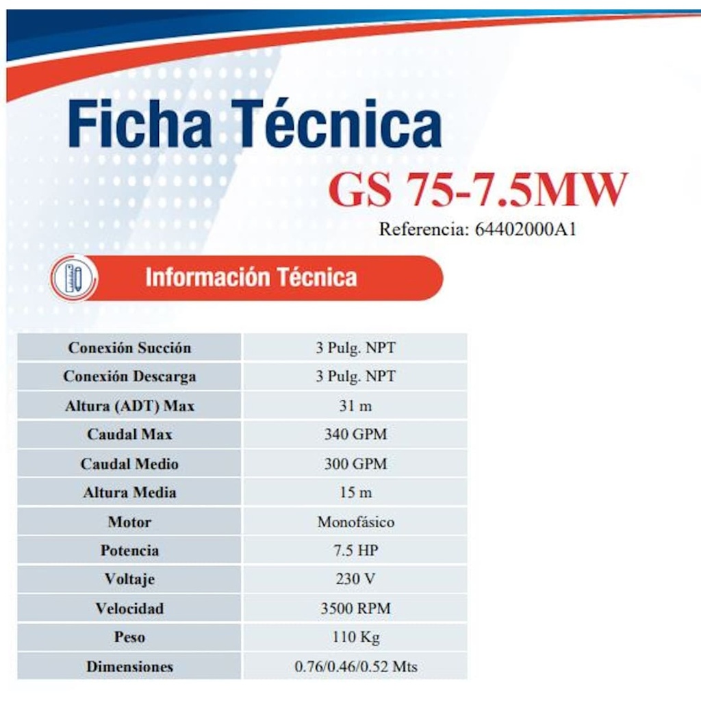 Motobomba Autocebante 7.5Hp 220V 1F 3X3" Ihm Gs 75-7.5Mw