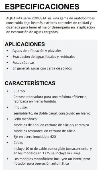 Motobomba Sumergible 1Hp 110V 1F 2" Aqua Pak Robusta2/10/1127A