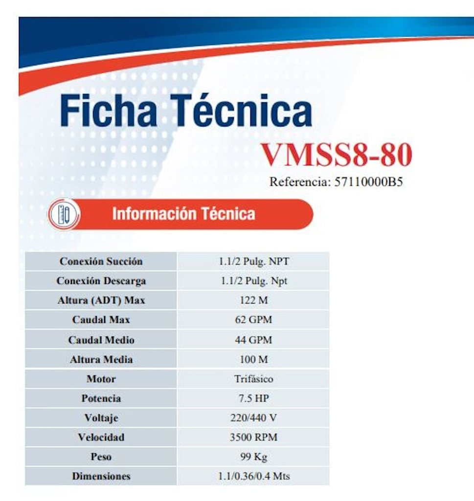 Motobomba Multietapas V 7.5Hp 220-440V 3F 2X2" Ihm Ture Vmss8-80