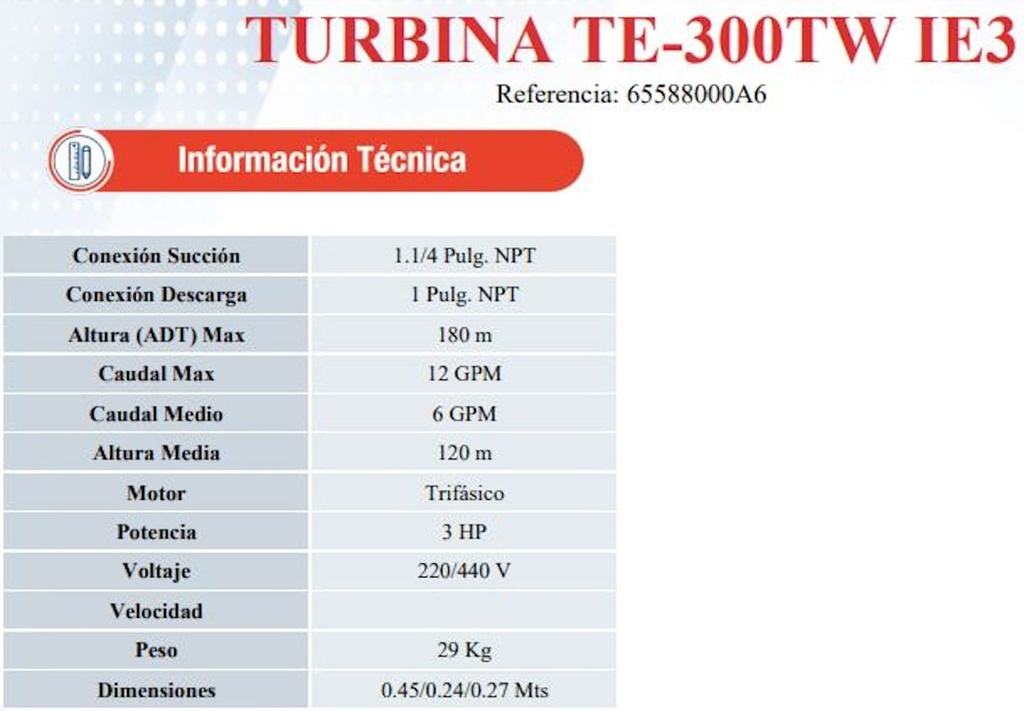 Motobomba Regenerativa 3Hp 220-440V 3F 1.25X1" Ihm Turbiline Te-300Tw-IE3