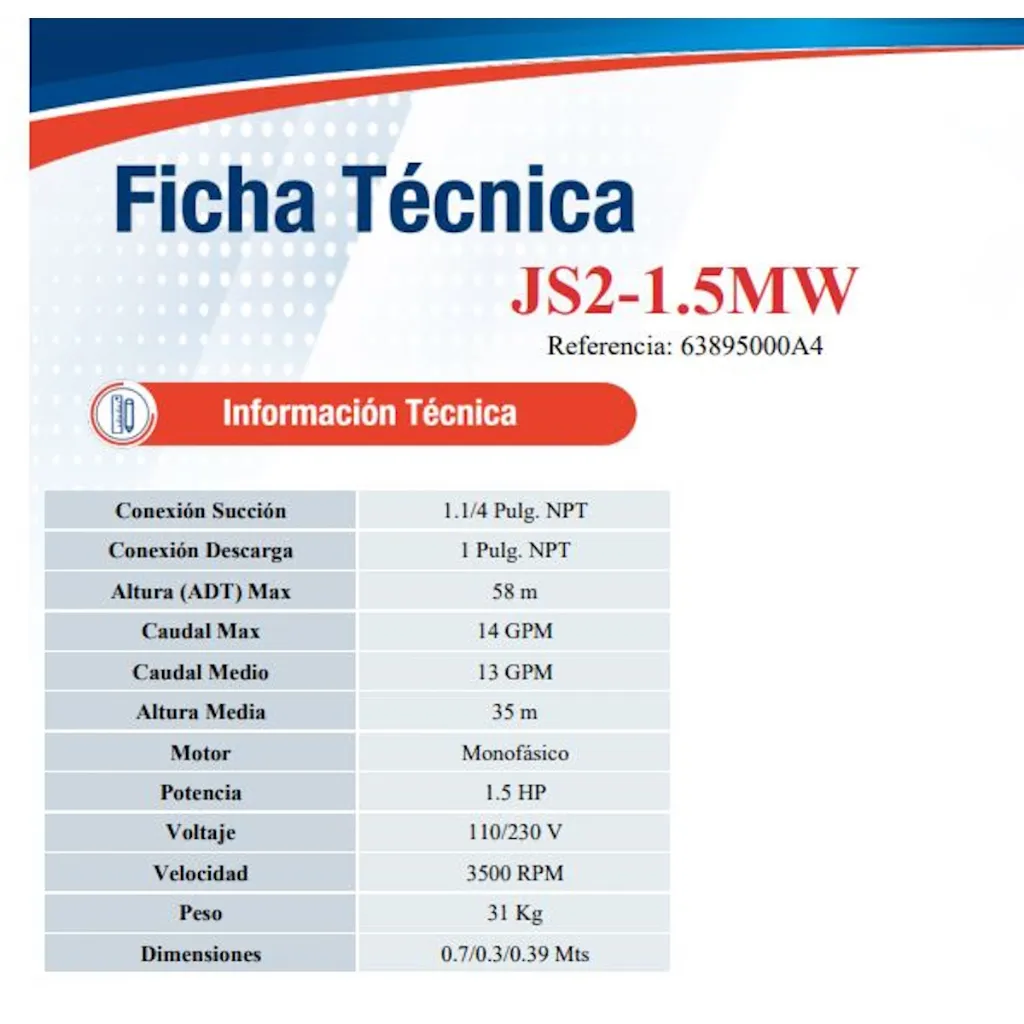 Motobomba Jet 1.5Hp 110-220V 1F 1.25X1" Ihm Eyector Js2-1.5Mw