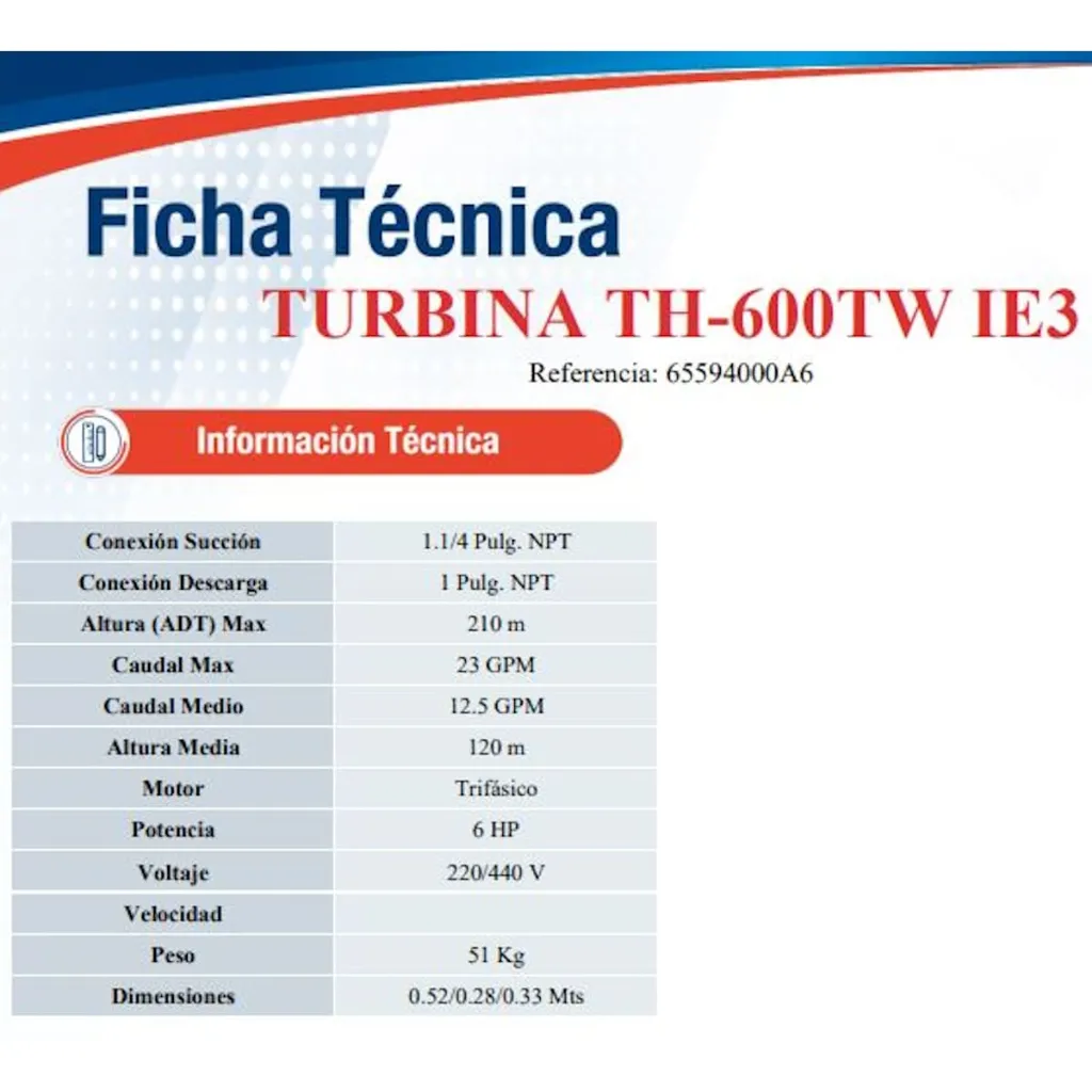 Motobomba Turbina 6Hp 220-440V 3F 1.25X1" Ihm Turbiline Th-600Tw-IE3