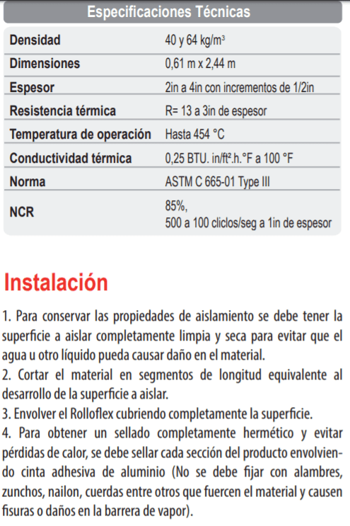 43040005 / Rolloflex aislante lana mineral sin foil    0.61cmx2.44mt 64kg/m3 Espesor 3"