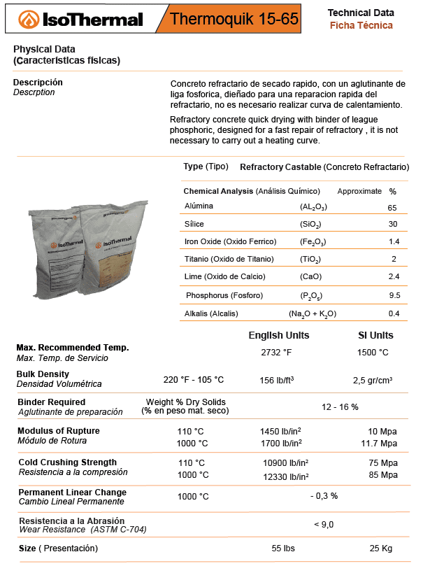 Thermoquick15-65R - Concreto Silicoaluminoso Isothermal - Refractario 1500 C