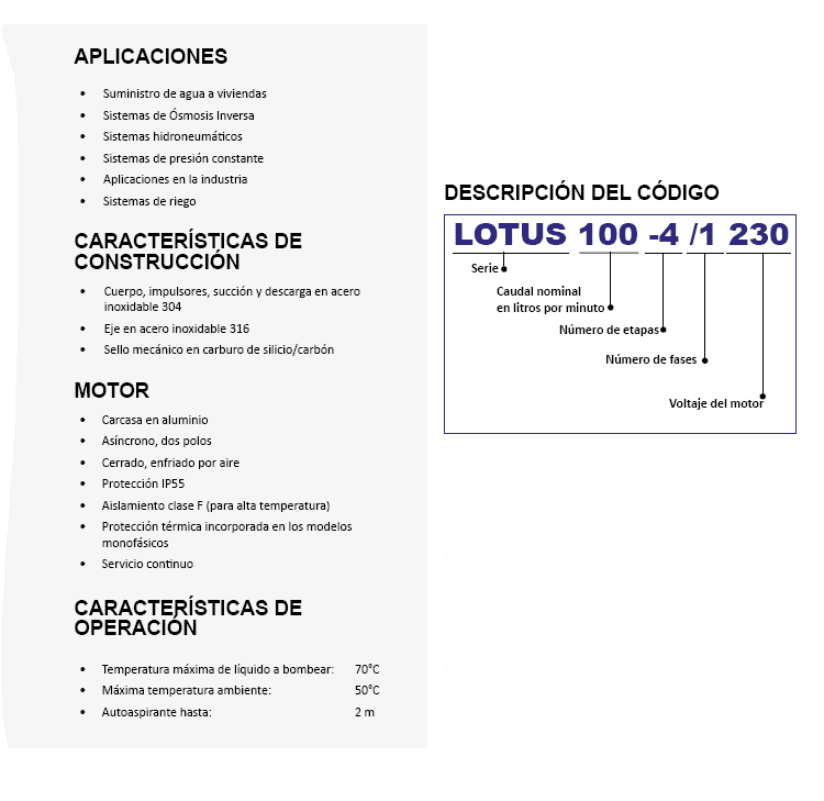 LOTUS50-4-3234 / Motobomba Altamira Multietapas H 0,75hp / 220-440V 3F / 1x1&quot;