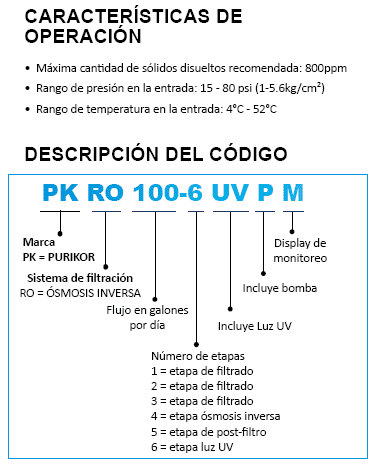 PKRO100-6UVPM / Sistema de Osmosis inversa con UV  6 etapas en punto de uso con medidor