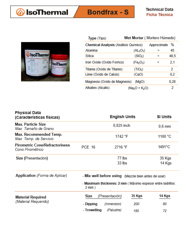 Bondfrax-S - Mortero Silicoaluminoso Isothermal - Refractario 