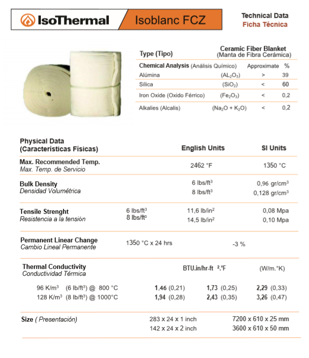 Isoblancfcz128-25 - Manta Fibra Ceramica Isothermal - Aislante 1350 C