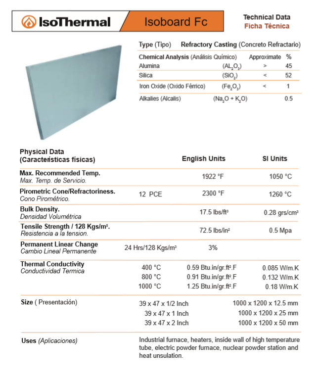 Isoboardfc280-12.5 - Placa Fibra Ceramica Isothermal - Aislante 1260 C