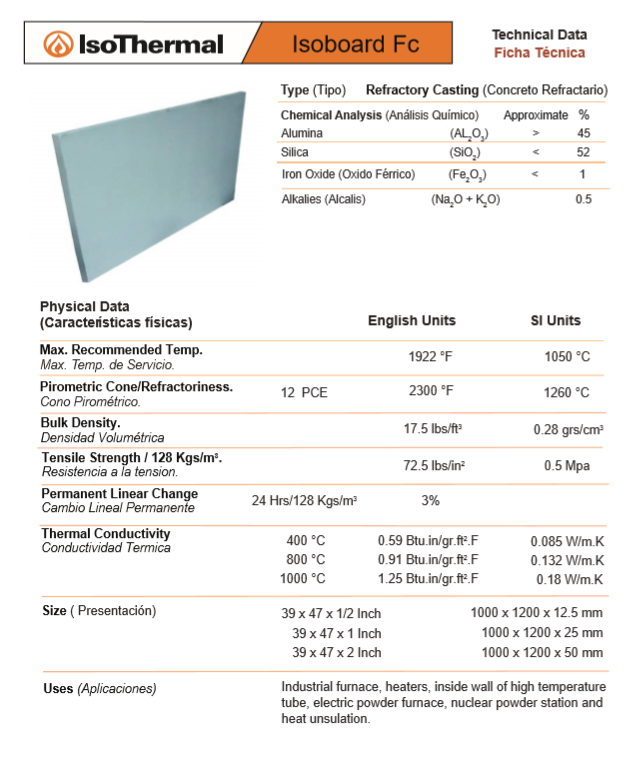 Isoboardfc280-50 - Placa Fibra Ceramica Isothermal - Aislante 1260 C