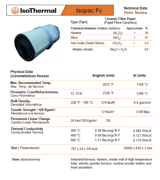 Isopac3 - Papel Fibra Ceramica Isothermal - Aislante 1100 C