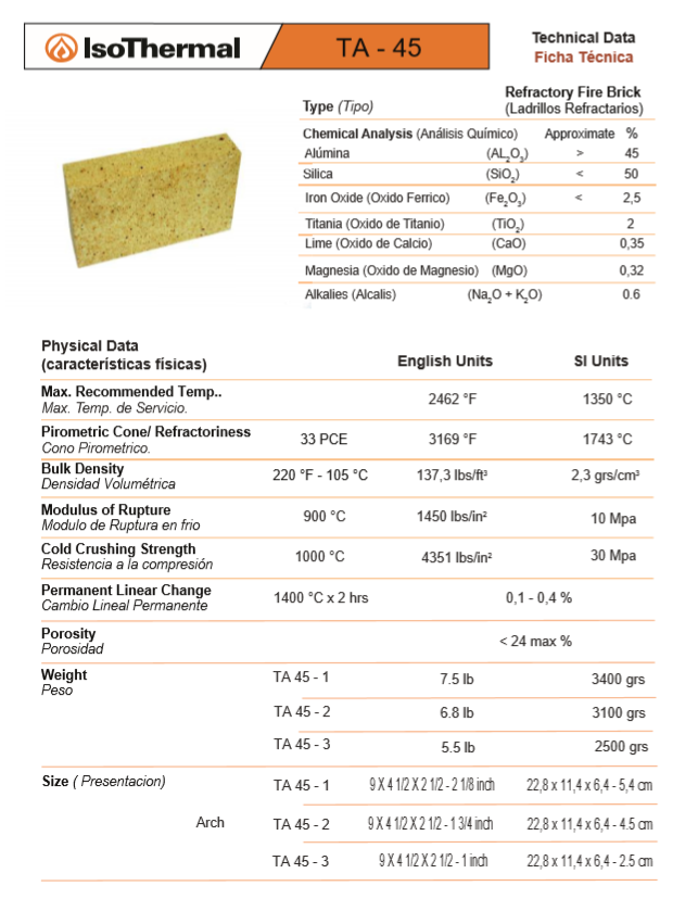 Ta45-1 - Ladrillo Silicoaluminoso Isothermal - Refractario 1350 C