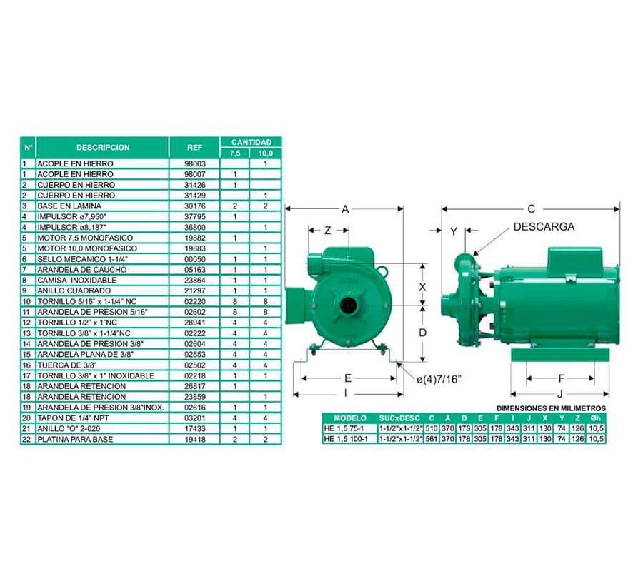 Motobomba Centrifuga 7.5Hp 220V 1F 1.5X1.5" Barnes He 1.5 75-1