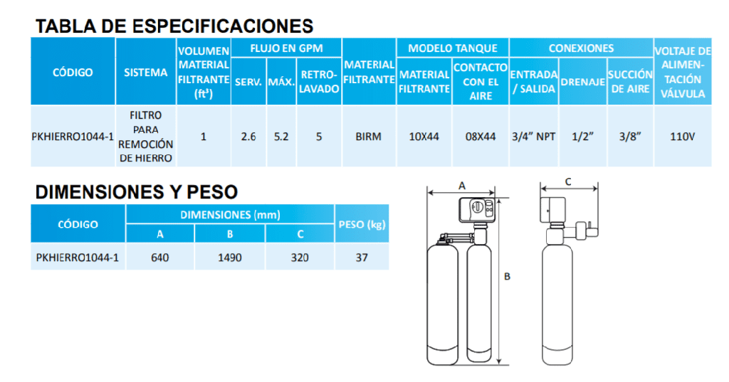 PKHIERRO1044-1 / Sistema de filtros para Remoción de Hierro hasta 5,2 gpm