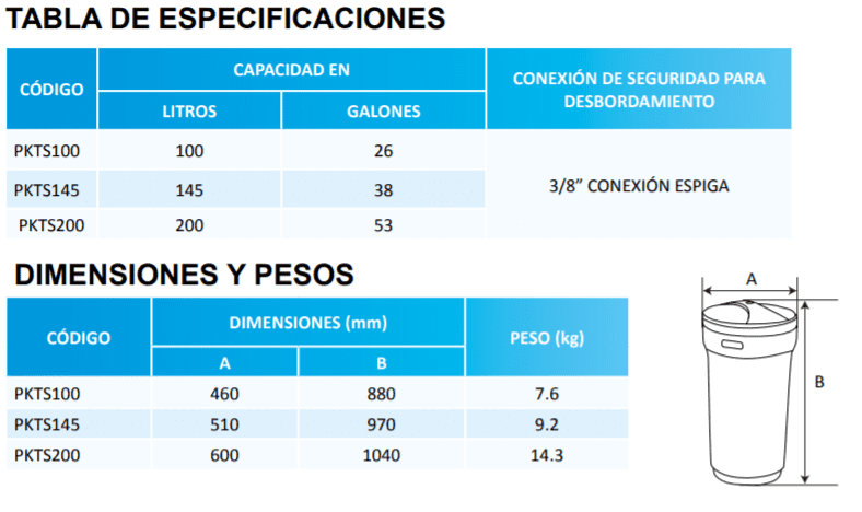 PKTS100 / Tanque de Salmuera para Suavización 100 Litros x 3/8"