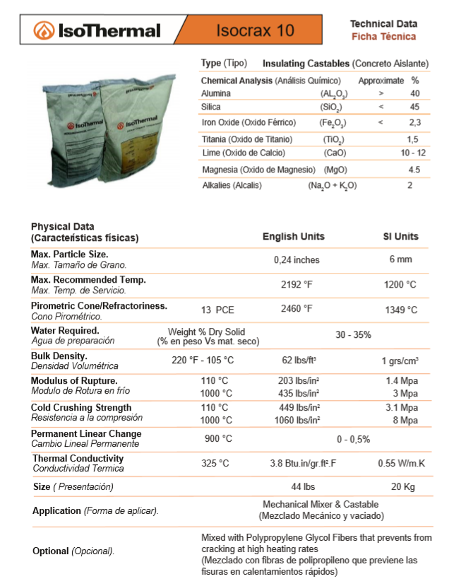 Isocrax10 - Concreto Silicoaluminoso Isothermal - Aislante 1350 C