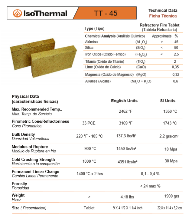 Tt45 - Tableta Silicoaluminoso Isothermal - Refractario 1350 C