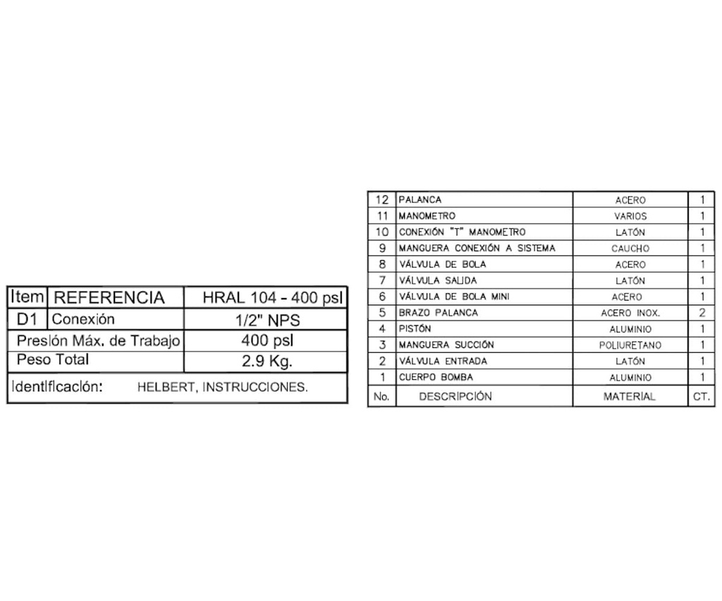 Bomba Manual 400Psi de Pruebas Hidrostáticas en Linea Helbert Hral104