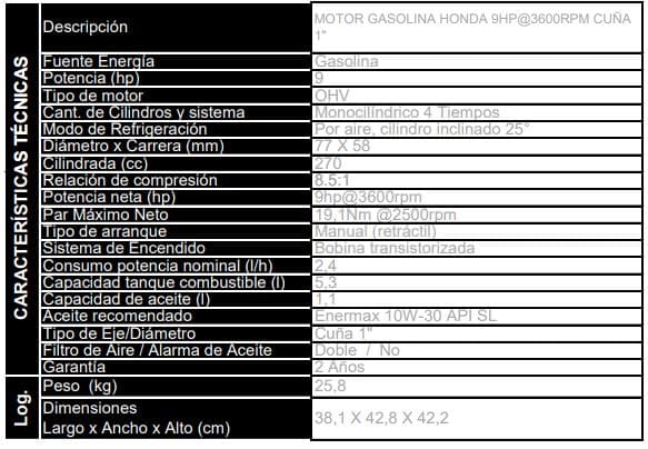 GX270H QH / Motor Honda Gasolina Cuña 9hp 4 Tiempos 3600rpm