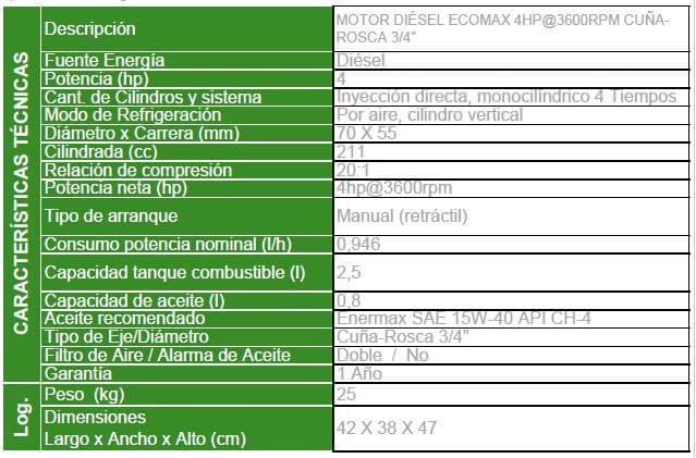 MD211-G / Motor Ecomax Diesel Cuña-Rosca 4hp 3600rpm