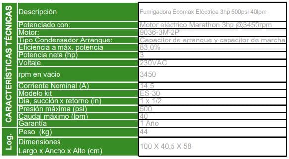 ES30M-3HP / Fumigadora Ecomax 3Hp / Electrica 500psi