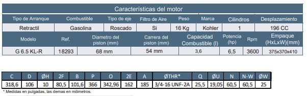 Motor Gasolina Roscado 6.5Hp 3600Rpm Kohler Motor G 6.5 Kl-R