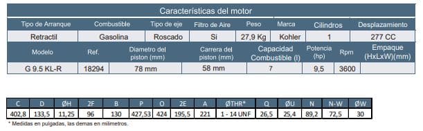 Motor Gasolina Roscado 9.5Hp 3600Rpm Kohler Motor G 9.5 Kl-R