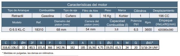 Motor Gasolina Cuñero 6.5Hp 3600Rpm Kohler Motor G 6.5 Kl-C