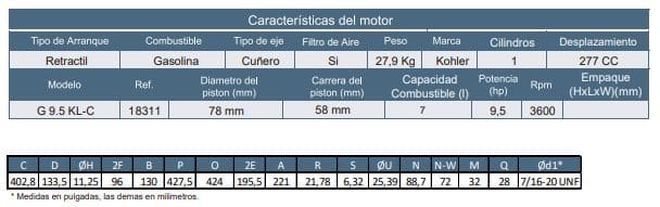 Motor Gasolina Cuñero 9.5Hp 3600Rpm Kohler Motor G 9.5 Kl-C