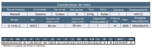 Motor Gasolina Cuñero 14Hp 3600Rpm Kohler Motor G 14 Kl-R