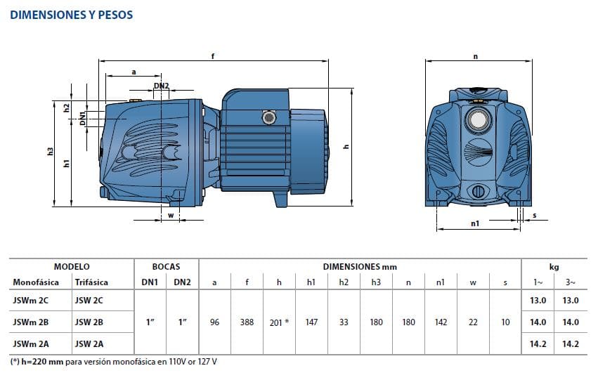 Motobomba Jet 1.5Hp 110-220V 1F 1X1" Pedrollo Jswm2Ax-110-220